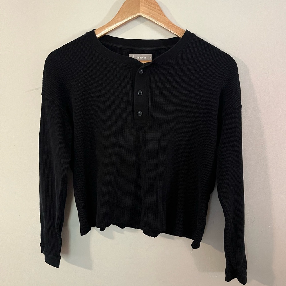 Everlane Organic Cotton Black Long Sleeve Cropped Thermal Tee Size S